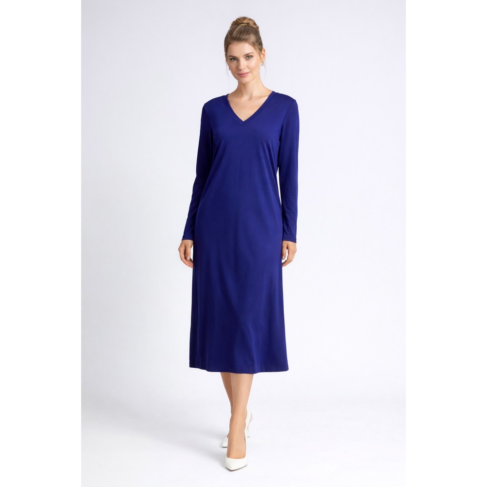 Norma Kamali Midi Dress Sz XL Blue V Neck Long Sleeve Lightweight Minimalist